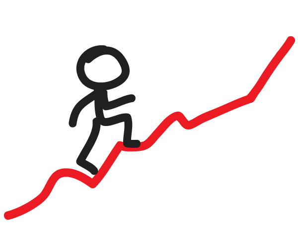 stick man hiking up a mountainous red line