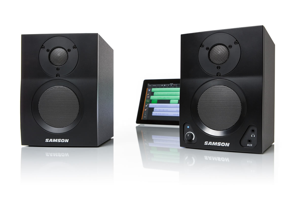 Samson MediaOne BT3 2-way active Bluetooth speakers - front view with ipad